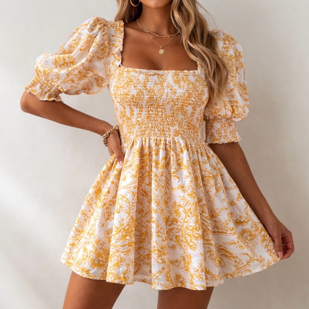 1. State Yellow Smocked Puff Sleeve Floral Square Neck‎ Mini Sun Dress X-Large